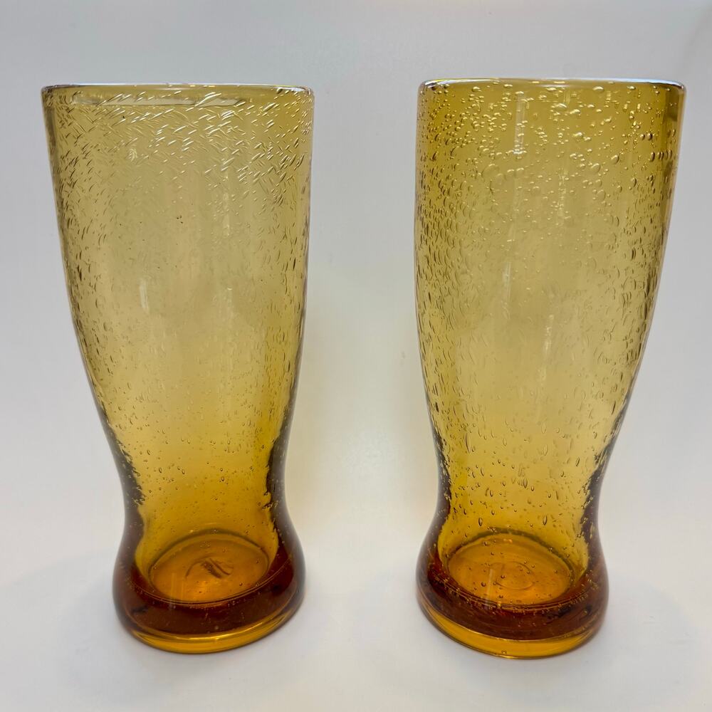 Set of Two Bubble Pilsner Beer Glasses Hand Blown 24 Ounce Amber‎ Glass MCM